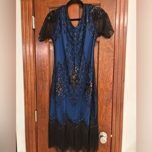 Flapper Costume Blue and Black Dress with Lace Sequin Details